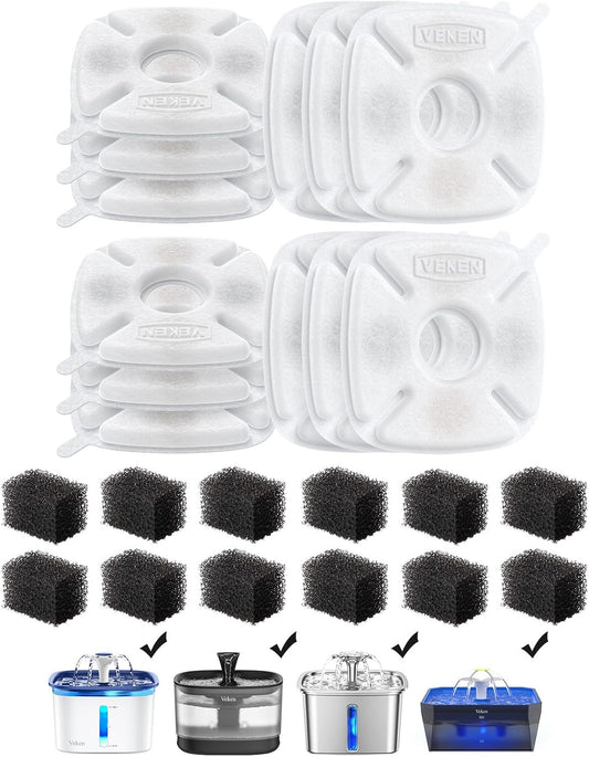 Cat Water Fountain Filter, Classic 12 Pack Replacement Filters & 12 Pack Replacement Pre-Filter Sponges for 50Oz, 84Oz, 95Oz Automatic Pet Fountain Dog Water Dispenser