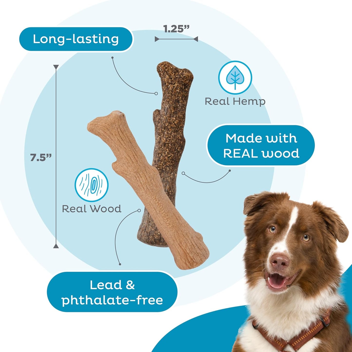 Dogwood Wood Durable Dog Chew Toys, Real Wood & Calming Hemp, 2-Pack, Medium