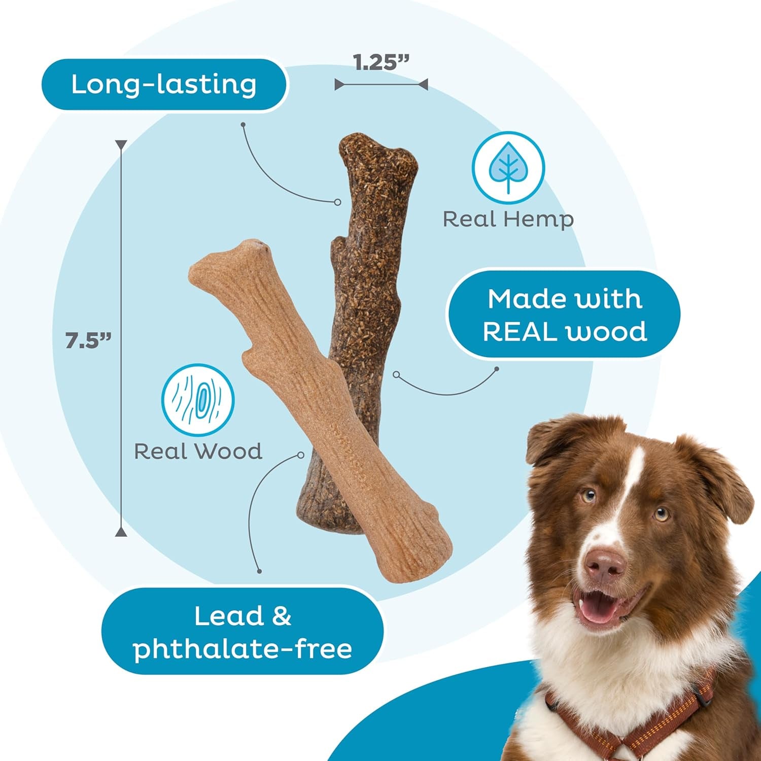 Dogwood Wood Durable Dog Chew Toys, Real Wood & Calming Hemp, 2-Pack, Medium