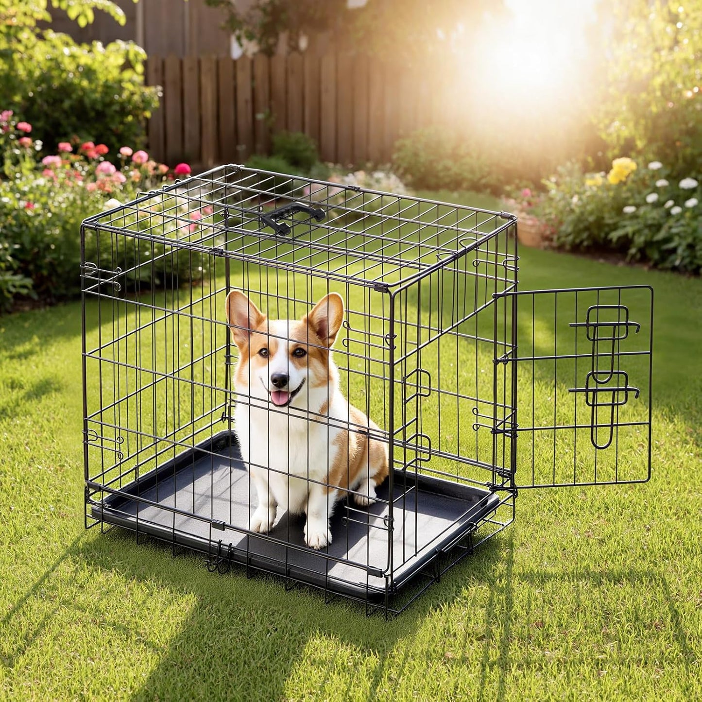 Dog Crate, 30 Inch Medium Single Door Dog Cage with Plastic Leak-Proof Pan Tray, Folding Metal Wire Pet Kennel for Indoor, Outdoor, Travel