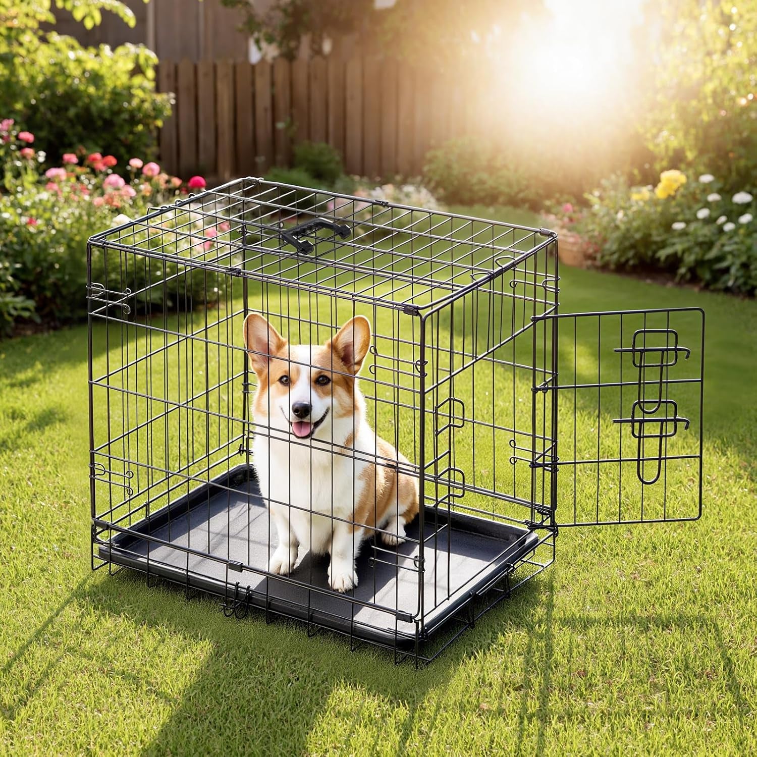 Dog Crate, 30 Inch Medium Single Door Dog Cage with Plastic Leak-Proof Pan Tray, Folding Metal Wire Pet Kennel for Indoor, Outdoor, Travel