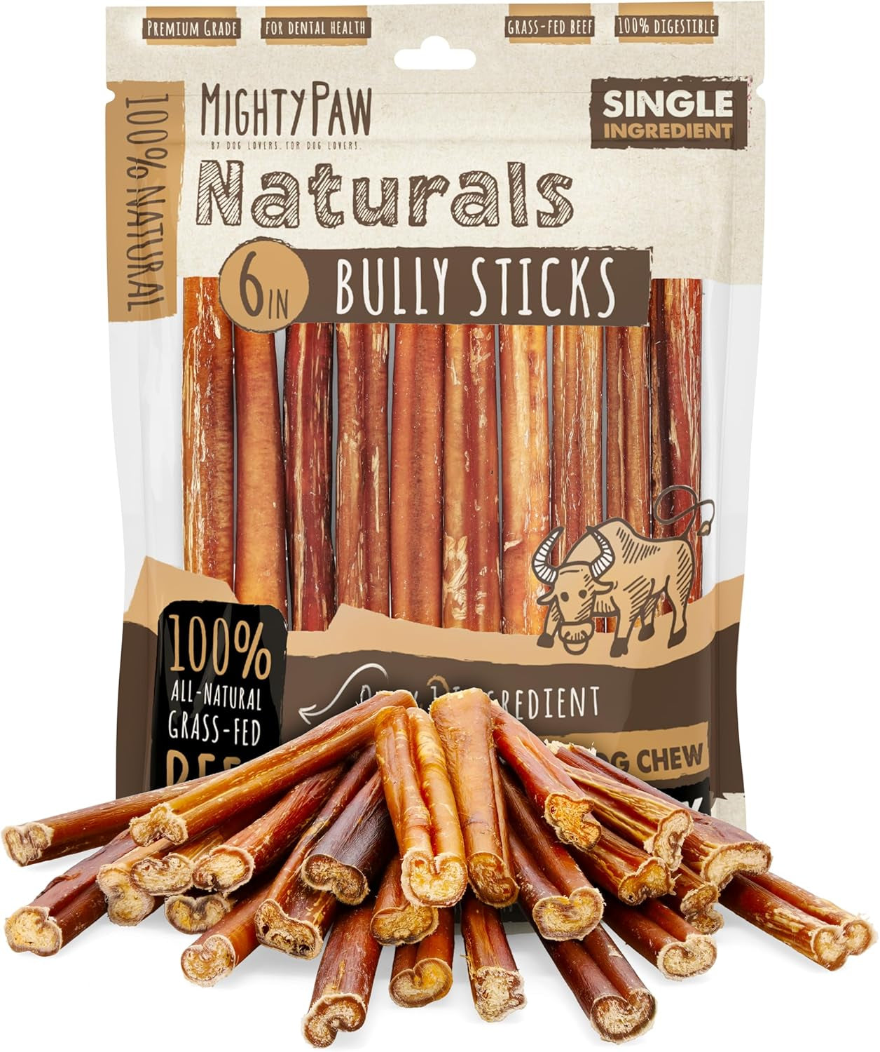 Naturals Bully Sticks for Dogs - Grass Fed Beef Dog Chews. Pets Stick for Large Dogs, Medium and Small Breeds. Lower Odor Bully Treats for Small Pets. Single Ingredient (6" - 25 Pack)
