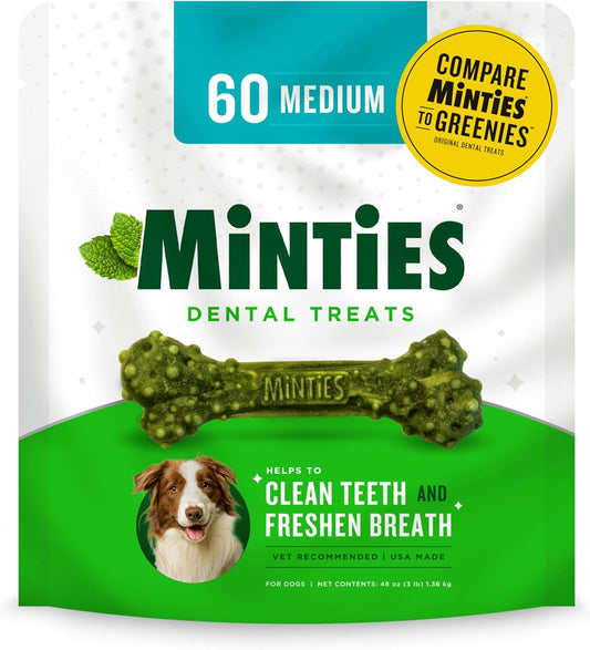 Dental Chews for Dogs, 60 Count, Vet-Recommended Mint-Flavored Treats for Medium Dogs 25-50 Lbs, Bones Clean Teeth, Fight Bad Breath, and Removes Plaque and Tartar