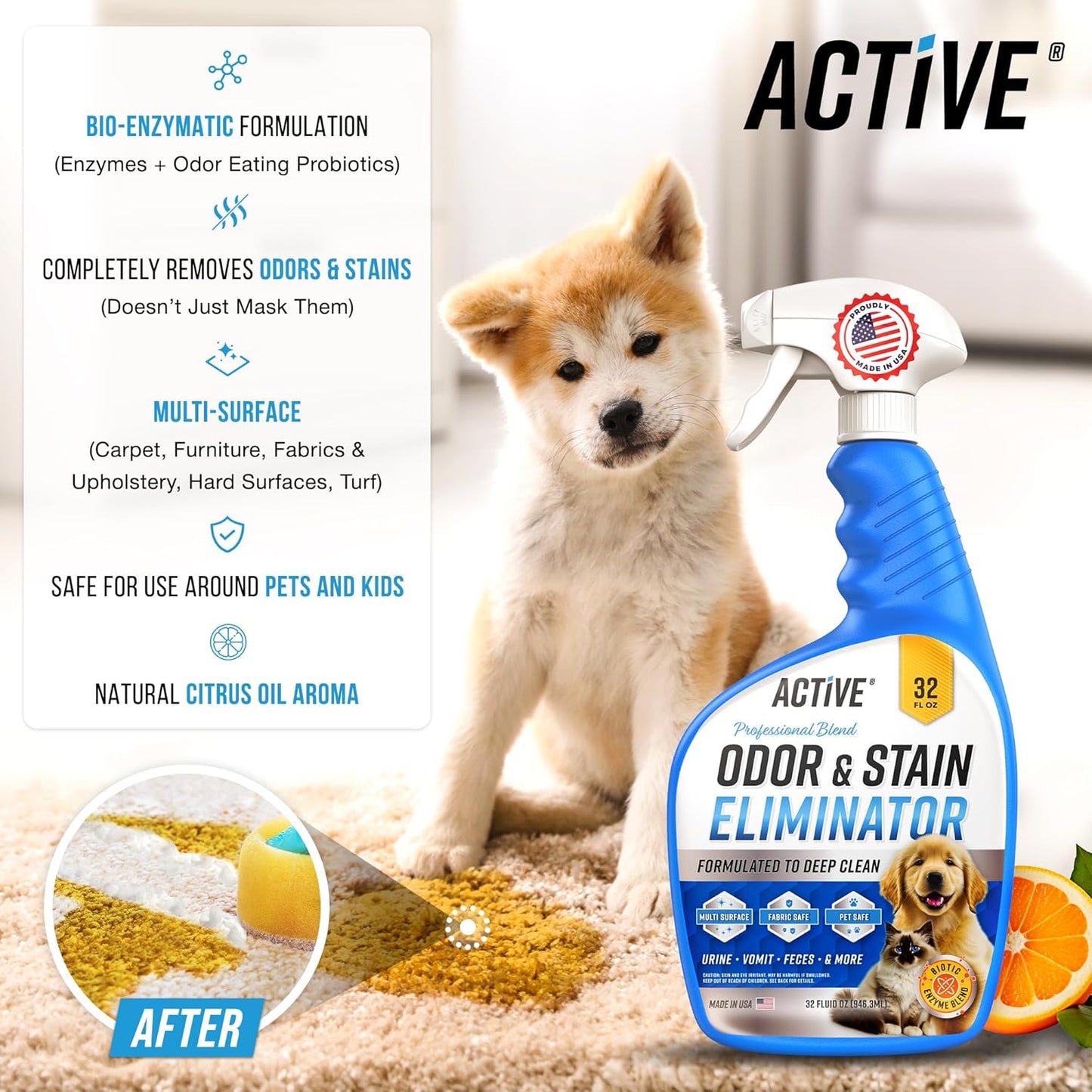 Pet Odor and Stain Eliminator - 32 Oz  Enzyme Cleaner for Dog & Cat Urine, Stain Remover Spray for Carpet, Upholstery, Hardwood, Spot Cleaning, Deodorizer for Dogs Cats Pets - Natural Citrus Oil