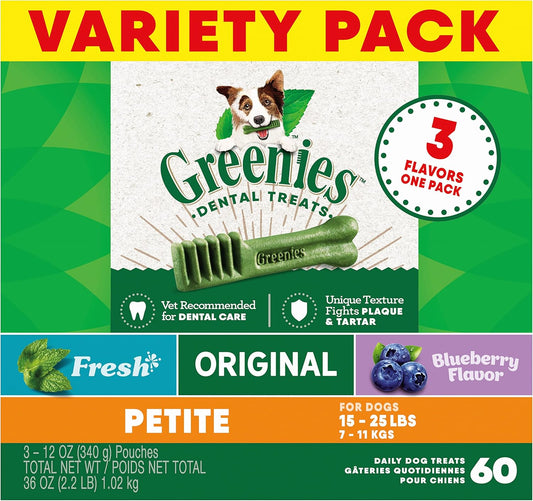 Petite Dental Dog Treats, 3-Flavor Variety Pack, (3) 12 Oz. Pouches, 60 Total Treats