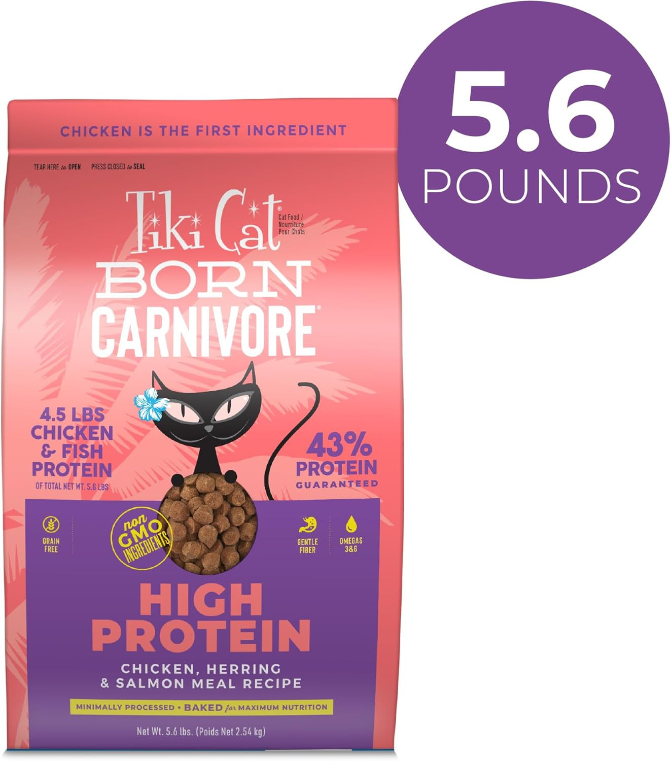 Tiki Cat Born Carnivore High Protein, Chicken, Herring & Salmon Meal, Grain-Free Baked Kibble to Maximize Nutrients, Dry Cat Food, 5.6 Lbs. Bag