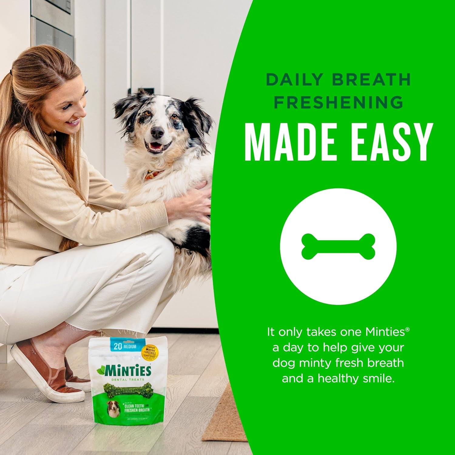Dental Chews for Dogs, 60 Count, Vet-Recommended Mint-Flavored Treats for Medium Dogs 25-50 Lbs, Bones Clean Teeth, Fight Bad Breath, and Removes Plaque and Tartar