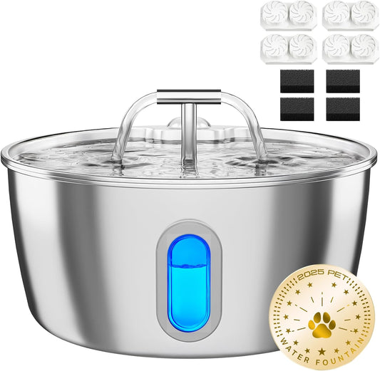 Cat Water Fountain Stainless Steel - 3.2L/108Oz Pet Water Fountain for Cats Indoor - Automatic Pet Watering Dispenser (4 Filter)