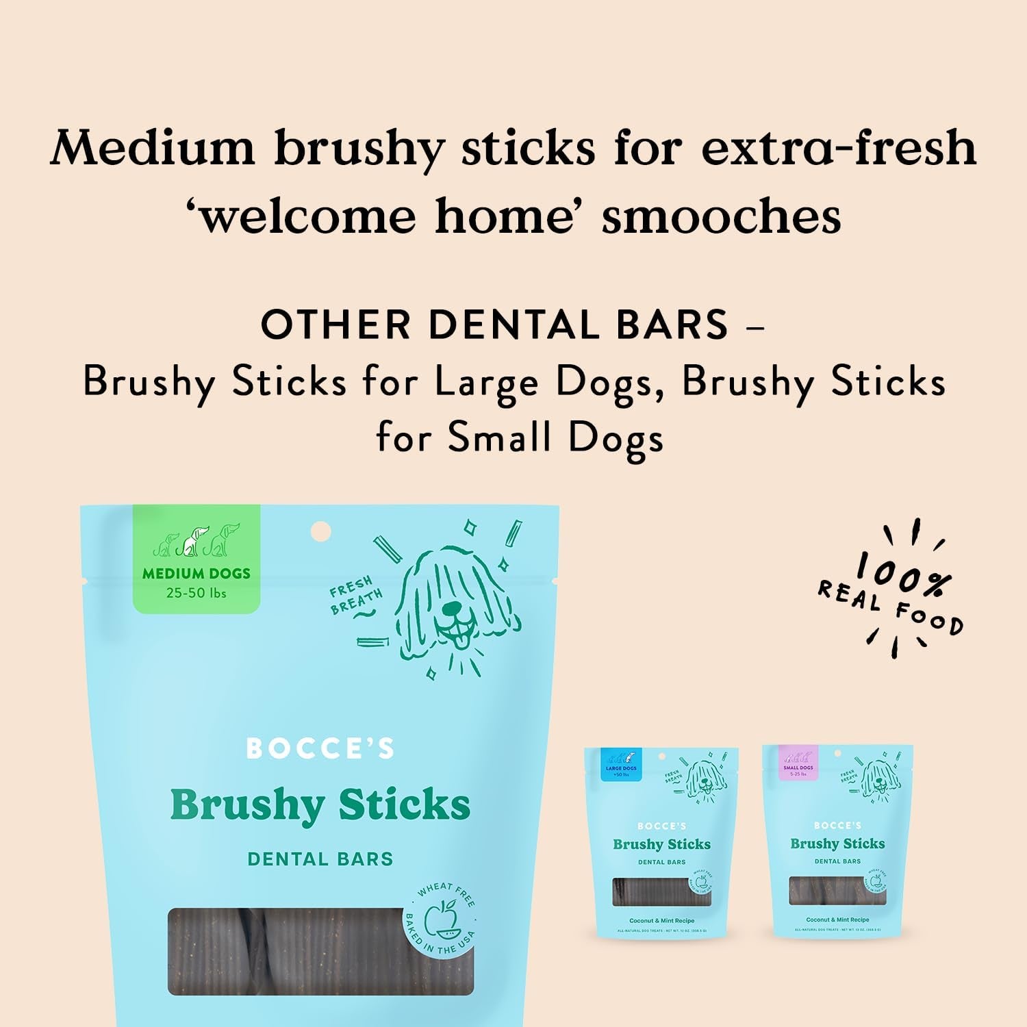 Dailies Brushy Sticks to Support Oral Health & Fresh Breath, Wheat-Free Dental Bars for Dogs, Made with Real Ingredients, Baked in the USA, All-Natural Coconut & Mint, Medium Dogs