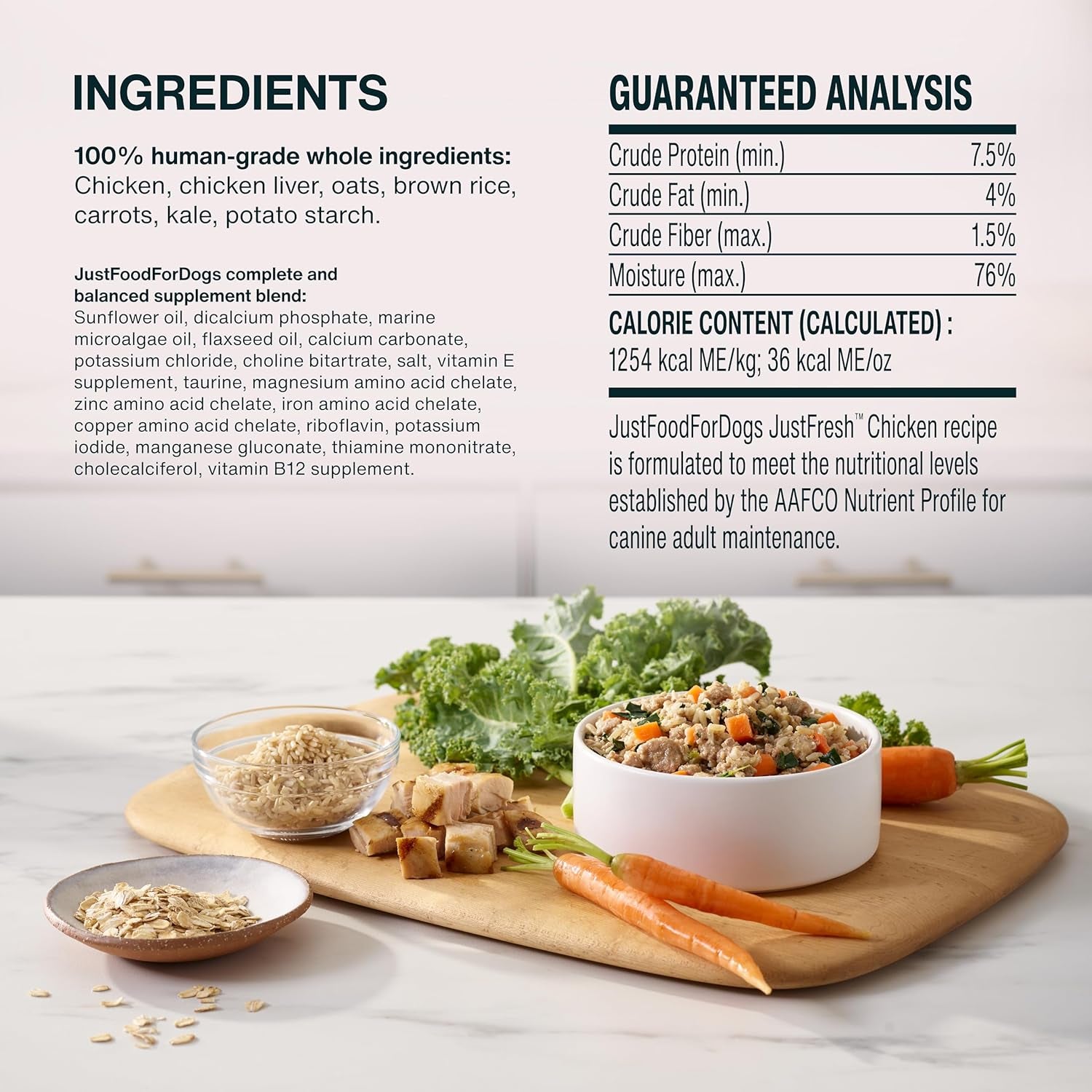 Justfresh Wet Dog Food, Fresh Pet Meals and Toppers with No Preservatives, Resealable Package, Human Grade, Home-Cooked Chicken, 12 Oz - 7 Pack