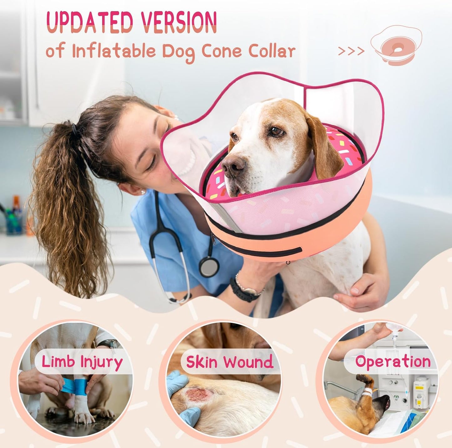 Raised Inflatable Dog Cone Collar to Stop Licking, Soft Dog Cone Alternative after Surgery, Doggie Neck Donut Collar for Small Medium Large Dogs