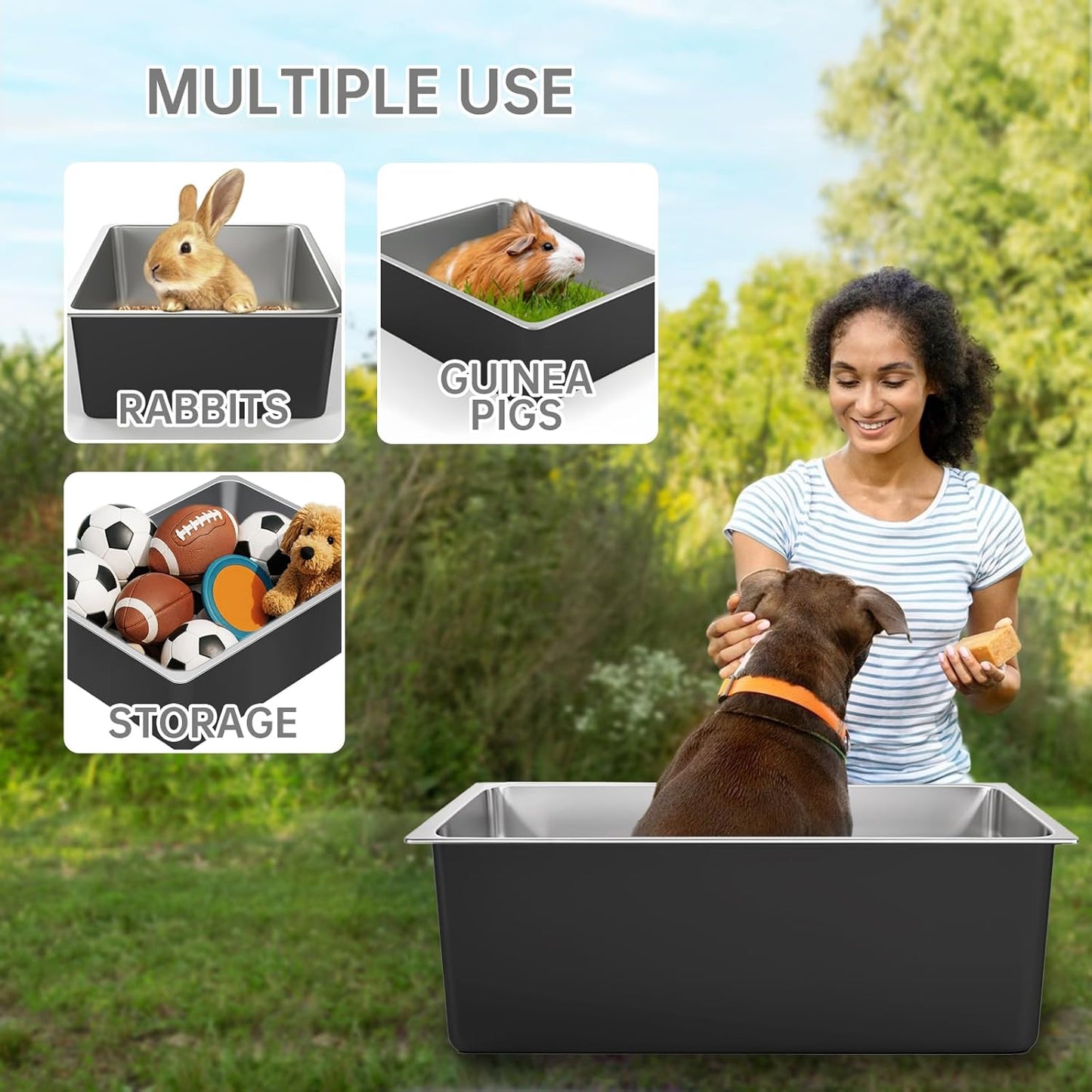 Stainless Steel Litter Box - Metal High Sided Cat Litter Box Pan, Never Absorbs Smell, Easy to Clean Non Stick Cat Litterbox Tray Toilet Pet Supplies for Indoor Kitty, Kitten, Rabbit, Puppy