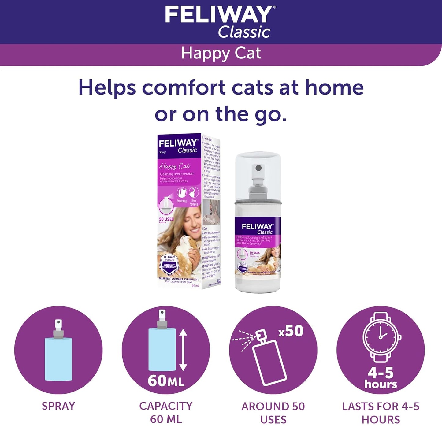 ® Classic Cat Calming Spray, 60Ml - Comforts Cats at Home and on the Go and Helps to Calm during Travel