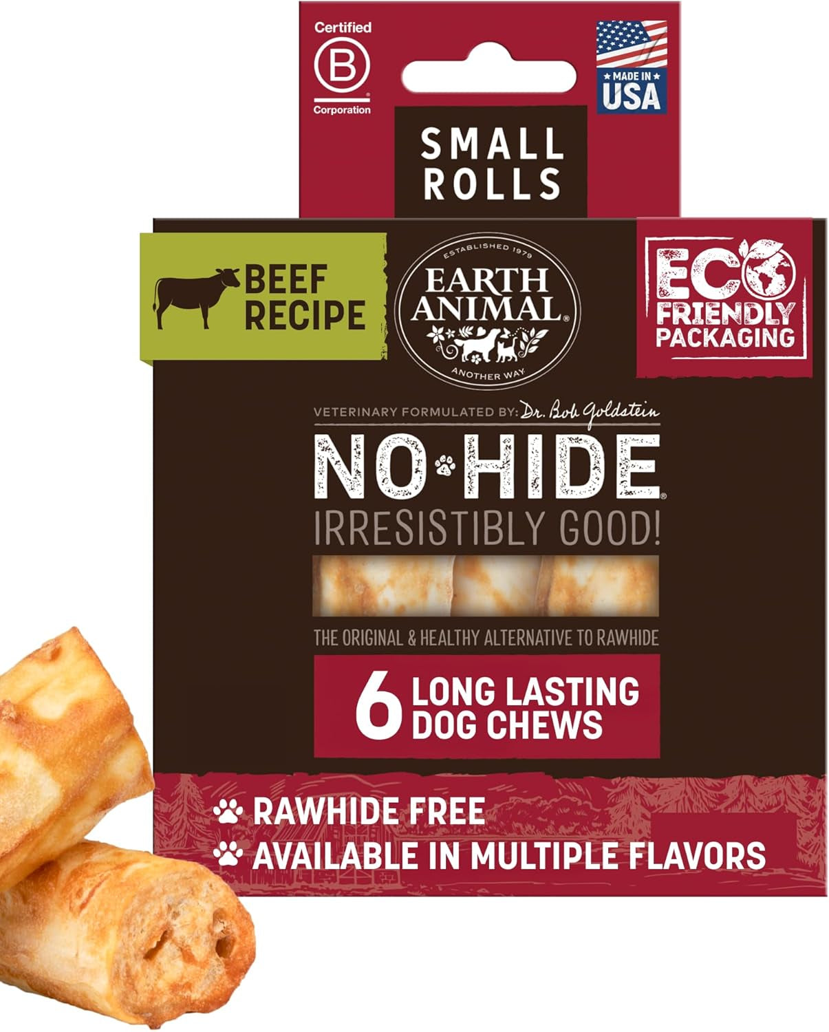 No Hide Chews - Long Lasting Rawhide Free Small Dog Chews Rolls, Beef - 6 Count