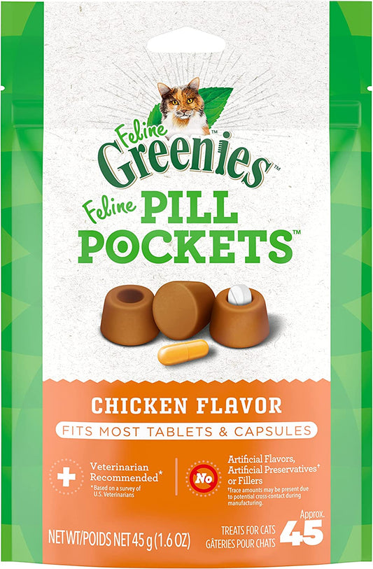 Feline Pill Pockets for Cats Natural Soft Cat Treats, Chicken Flavor, 1.6 Oz. Pouch (45 Treats)