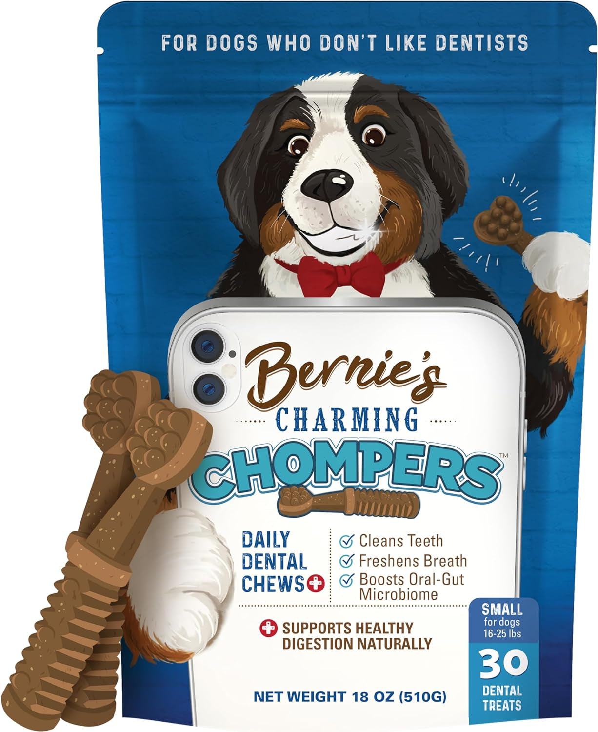 Charming Chompers - Daily Dental Chews for Dogs 15-25 Lbs. - 30 Count - Cleans Teeth, Freshens Breath, + Boosts Oral-Gut Microbiome. Easy to Digest, Supports Healthy Digestion Naturally