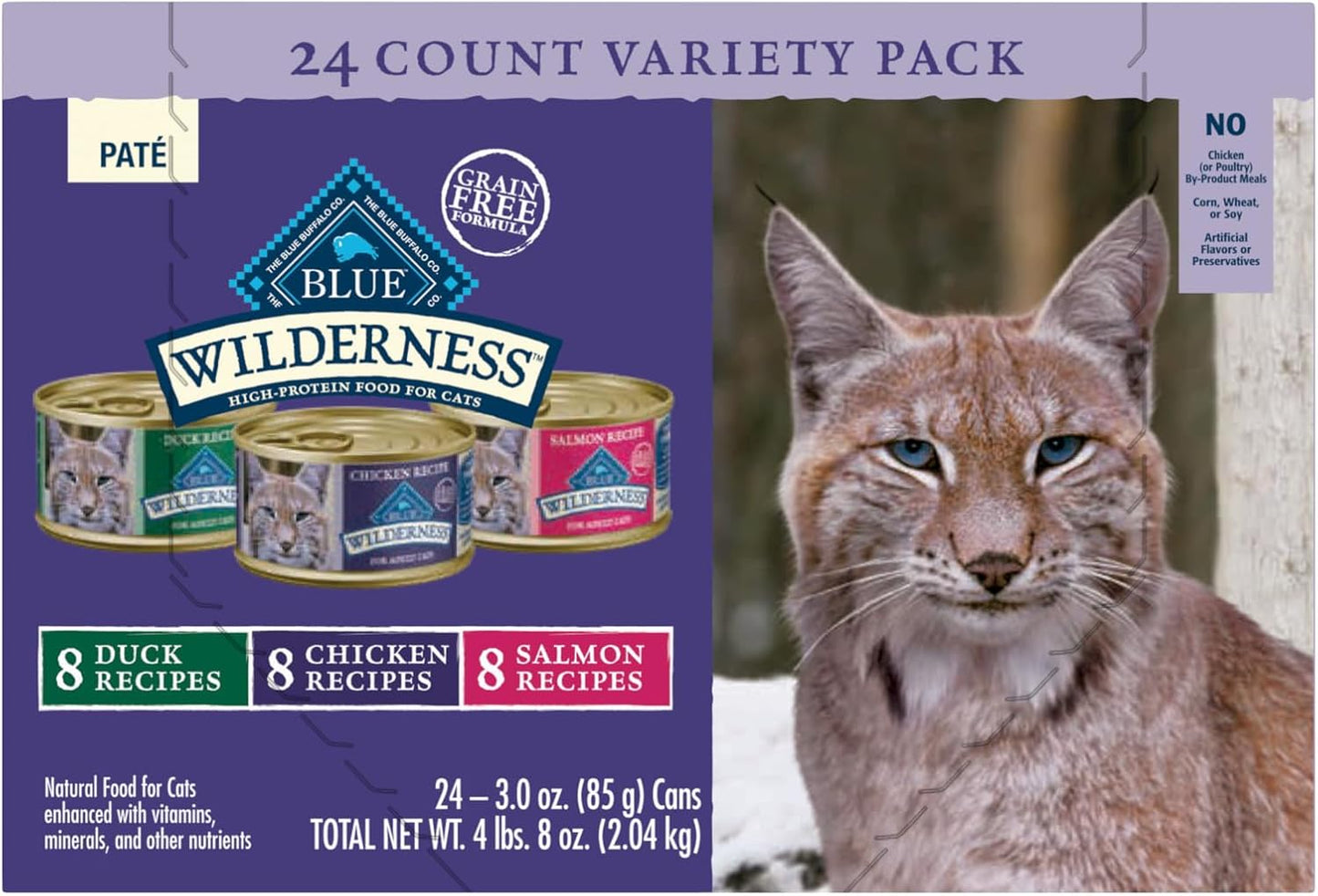 Wilderness High Protein, Natural Adult Pate Wet Cat Food Variety Pack, Chicken, Salmon, Duck 3-Oz Cans (24 Count- 8 of Each Flavor)