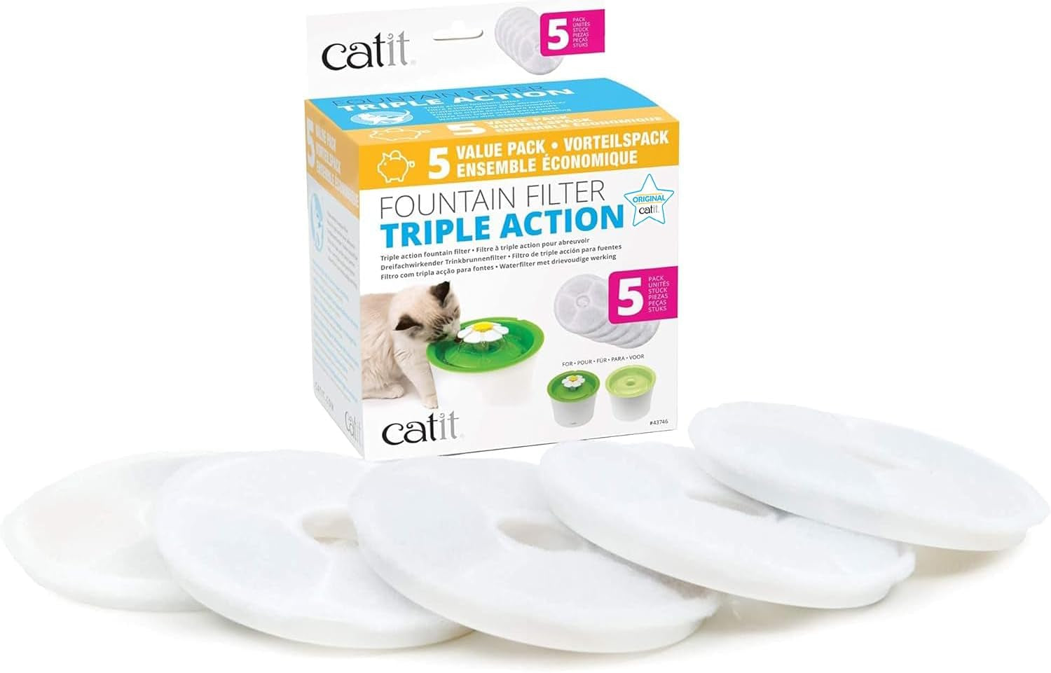 Triple Action Replacement Original Water Fountain Filters, 5 Pack – Official Replacement Filters for  Cat Drinking Water Fountains