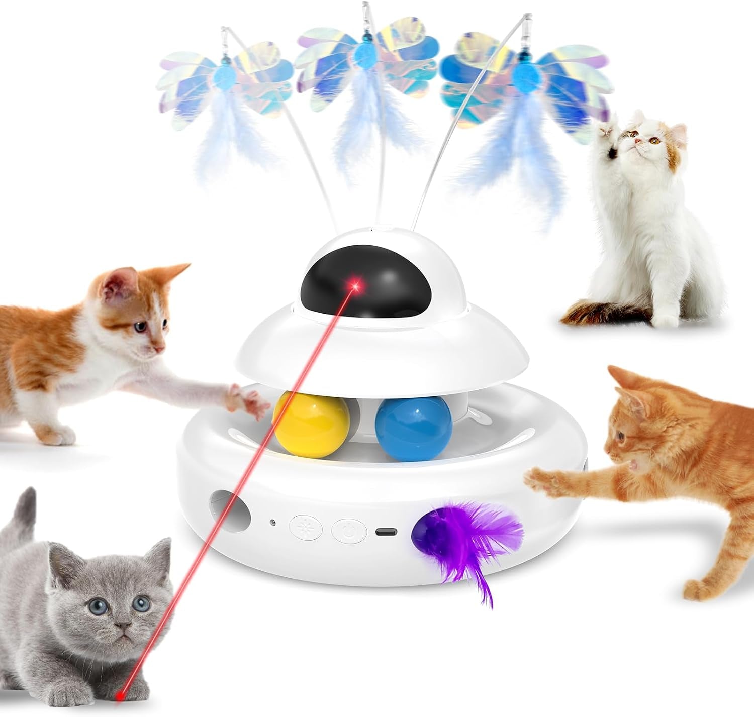 Interactive Cat Toys for Indoor Cats,4-In-1 Automatic Kitten Toy,Motion Activated Electronic Fluttering Butterfly,Track Balls, Moving Feather Toys for All Breeds,Usb Rechargeable