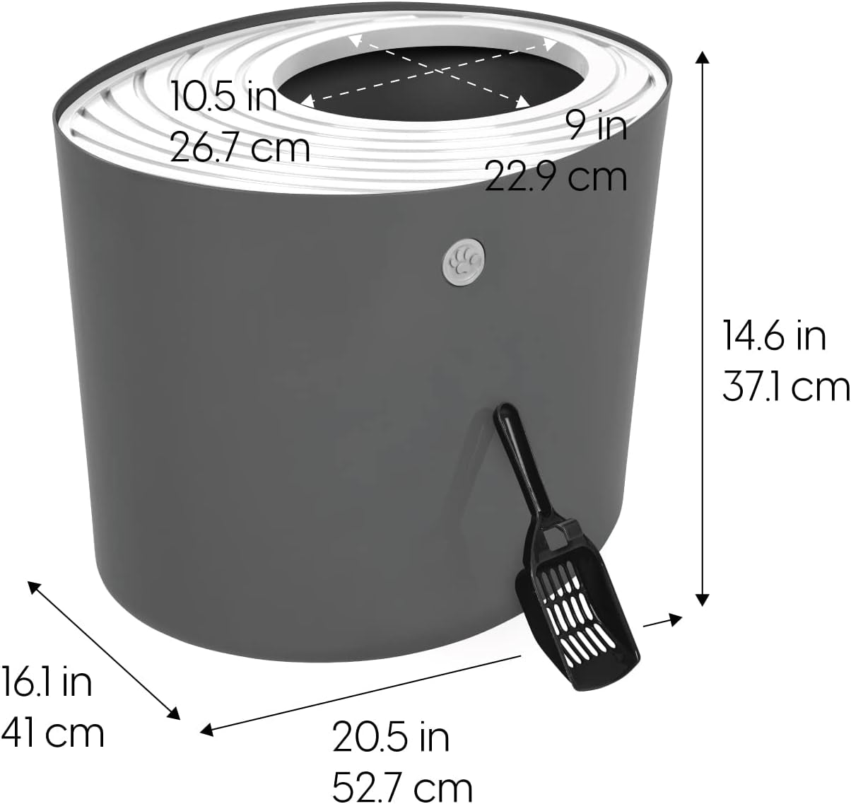Cat Litter Box, Large Top Entry with Litter Catching Lid and Scoop, Dog Proof, Cat Box Enclosure, Dark Gray/White
