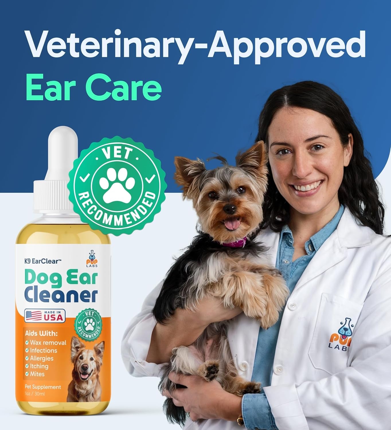 Ear Clear, Natural Dog Ear Cleaner and Infection Treatment for Dogs, Dog Drops for Itching, Irritation, & Wax Build-Up, 1 Oz Bottle with Dropper