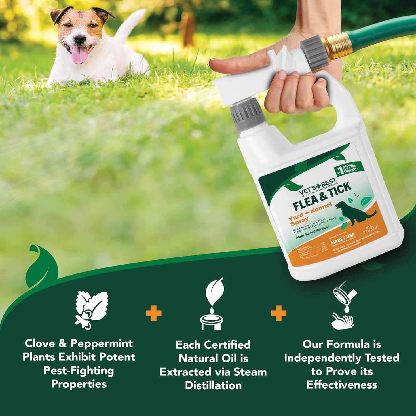 Natural Flea and Tick Yard and Dog Kennel Spray, Plant Safe Tick Spray for Yard with Ready-To-Use Hose Attachment, Mosquito Repellent with Natural Oils, Flea Prevention for Dogs, 32 Ounce
