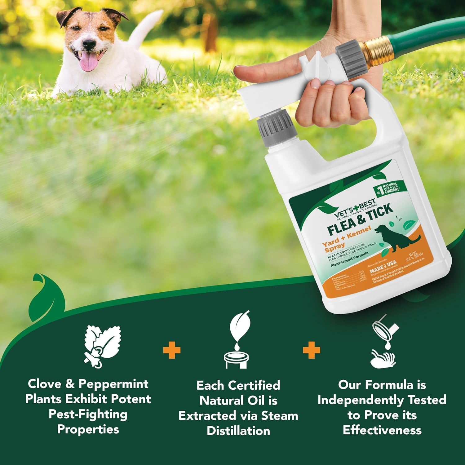 Natural Flea and Tick Yard and Dog Kennel Spray, Plant Safe Tick Spray for Yard with Ready-To-Use Hose Attachment, Mosquito Repellent with Natural Oils, Flea Prevention for Dogs, 32 Ounce