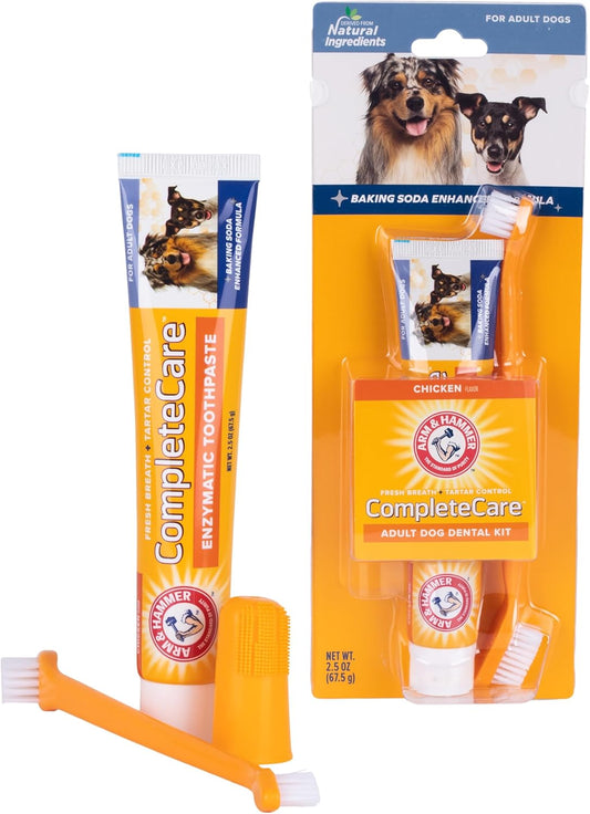 Complete Care Dog Dental Kit 2.5Oz Chicken Flavored Dog Toothpaste, Double Side Dog Toothbrush, Rubber Dog Finger Brus  Baking Soda Enhanced Formula