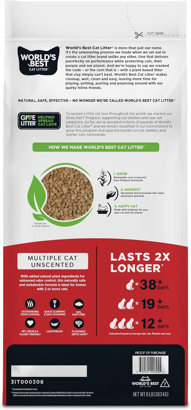 Multiple Cat Unscented, 8-Pounds - Natural Ingredients, Quick Clumping, Flushable, 99% Dust Free & Made in USA - Long-Lasting Odor Control & Easy Scooping