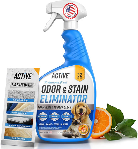 Pet Odor and Stain Eliminator - 32 Oz  Enzyme Cleaner for Dog & Cat Urine, Stain Remover Spray for Carpet, Upholstery, Hardwood, Spot Cleaning, Deodorizer for Dogs Cats Pets - Natural Citrus Oil