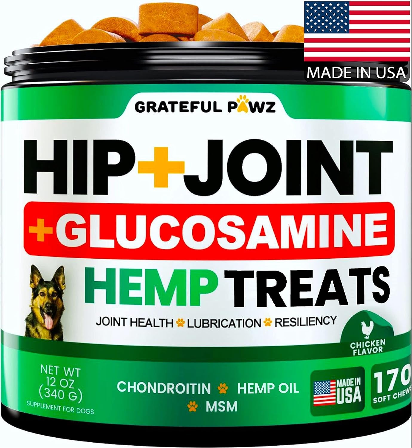 Hemp Hip and Joint Supplement for Dogs - Glucosamine for Dogs - 170 Joint Pain Relief Treats - Chondroitin, MSM, Hemp Oil - Advanced Health Supplement - Mobility Support Chews - Made in USA