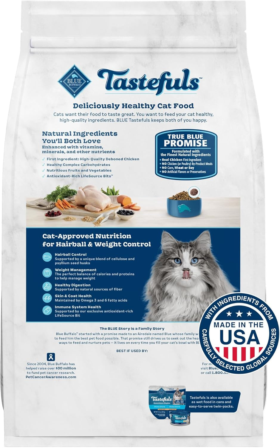 Tastefuls Adult Dry Cat Food for Weight Management & Hairball Control, Made in the USA with Natural Ingredients, Chicken Recipe, 7-Lb Bag