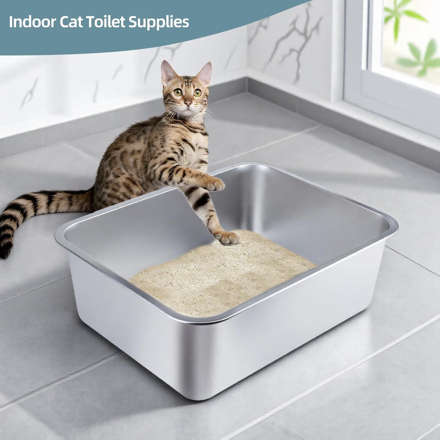 Stainless Steel Cat Litter Box - Large Metal High-Sided Litter Pan for Cats, Rabbits, and Pets, Non-Stick, Odor-Free, Easy to Clean, Splash-Proof, Sturdy and Durable Indoor Cat Toilet Supplies