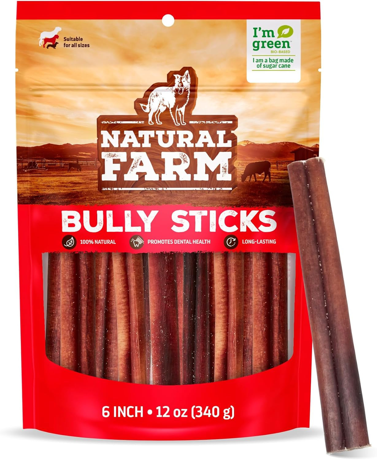 Bully Sticks, Odor-Free, (6 Inch, 12 Ounces), Packaged by Weight, 100% Beef Pizzle Chews, Grass-Fed, Fully Digestible Treats to Keep Your Puppies, Small and Medium Dogs Busy