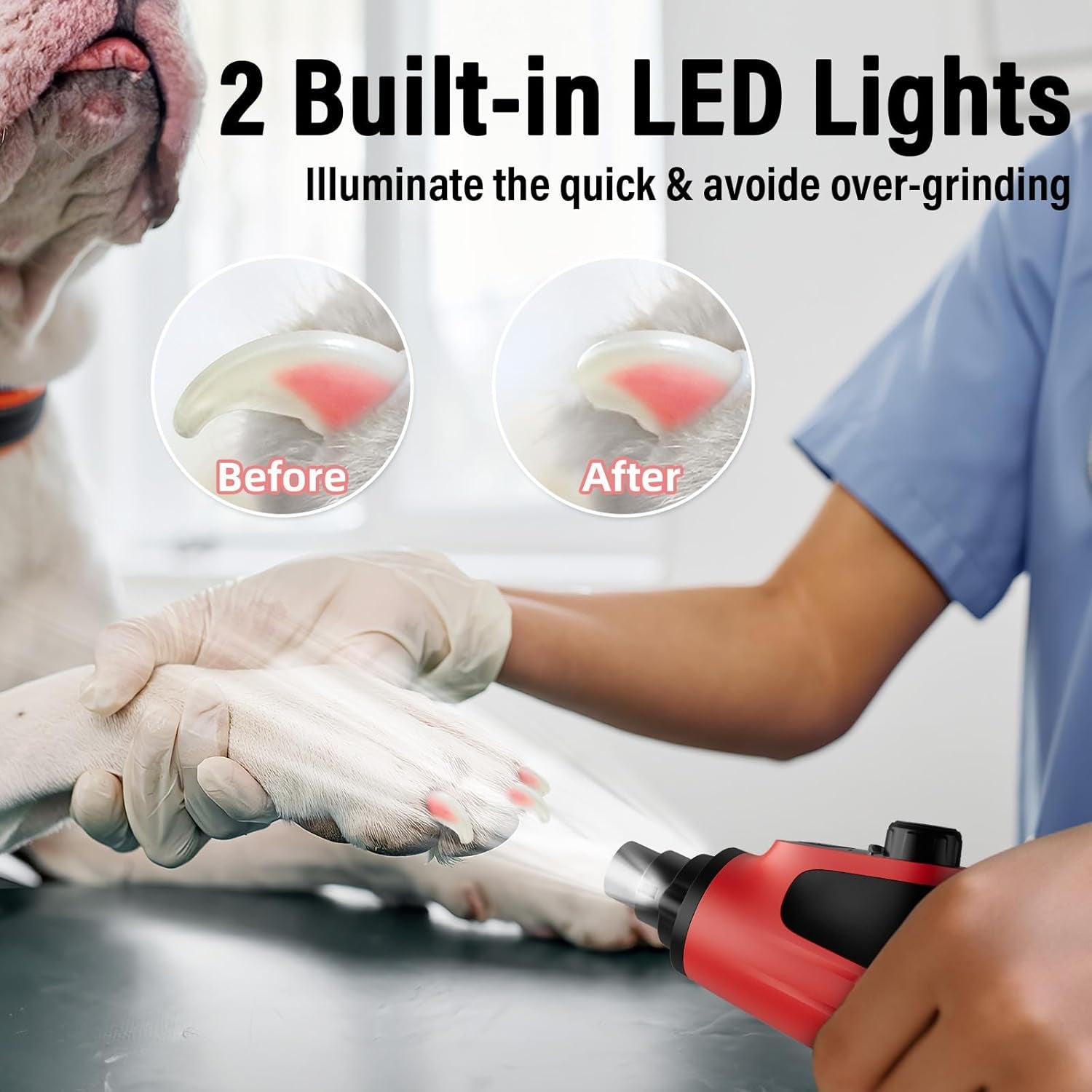 Smart 6-Speed Dog Nail Grinder - 50% More Power Pet Nail Grinder with 2 LED Lights Quiet Rechargeable Electric Dog Nail Trimmers File Toenail Grinder for Large Medium Small Dogs & Cats (Red)