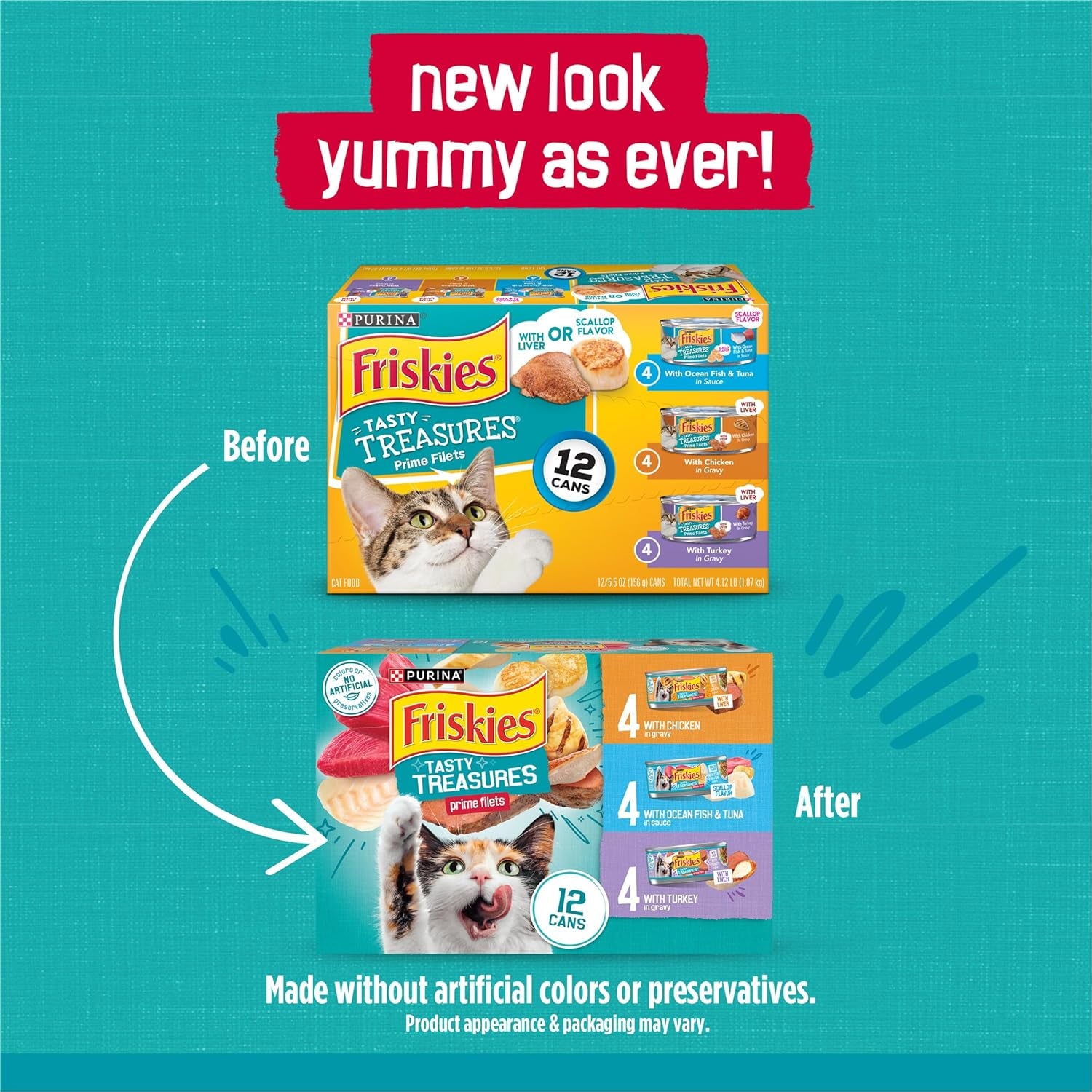 Purina  Wet Cat Food Variety Pack, Tasty Treasures Prime Filets (With Ocean Fish and Tuna, with Chicken and with Turkey) - (Pack of 12) 5.5 Oz. Cans