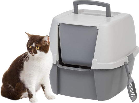 USA Cat Litter Box with Front Door Flap and Scoop, Covered Kitty Box with Handle and Buckles for Portability and Privacy, Dark Gray