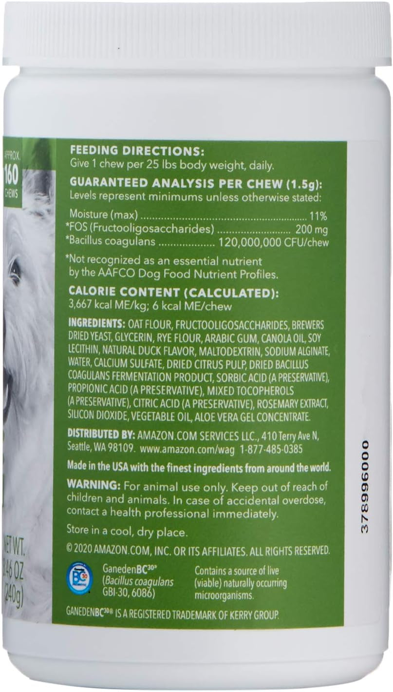 Amazon Brand -  Probiotic Supplement Chews for Dogs, Supports Digestive Health and Gut Flora, Natural Duck Flavor, 160 Count, Pack of 1