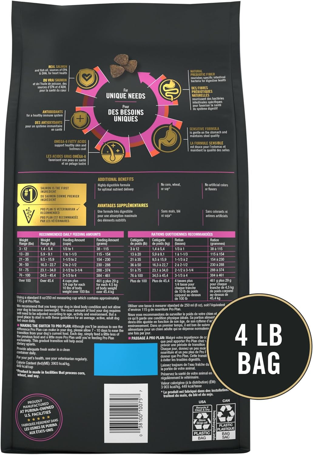 Sensitive Skin and Stomach Dog Food Dry, Adult Salmon & Rice Formula, Digestive Health - 4 Lb. Bag