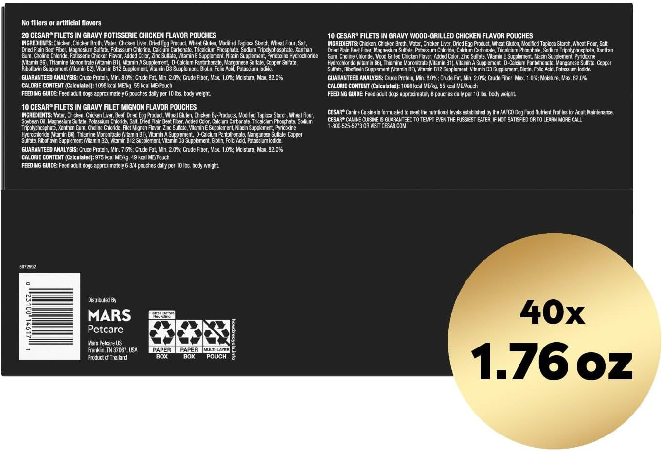 Filets in Gravy Wet Dog Food Filet Mignon Flavor, Rotisserie Chicken Flavor, and Wood-Grilled Chicken Flavor Variety Pack, 1.76 Oz. Mini-Pouches (40 Count, Pack of 1)