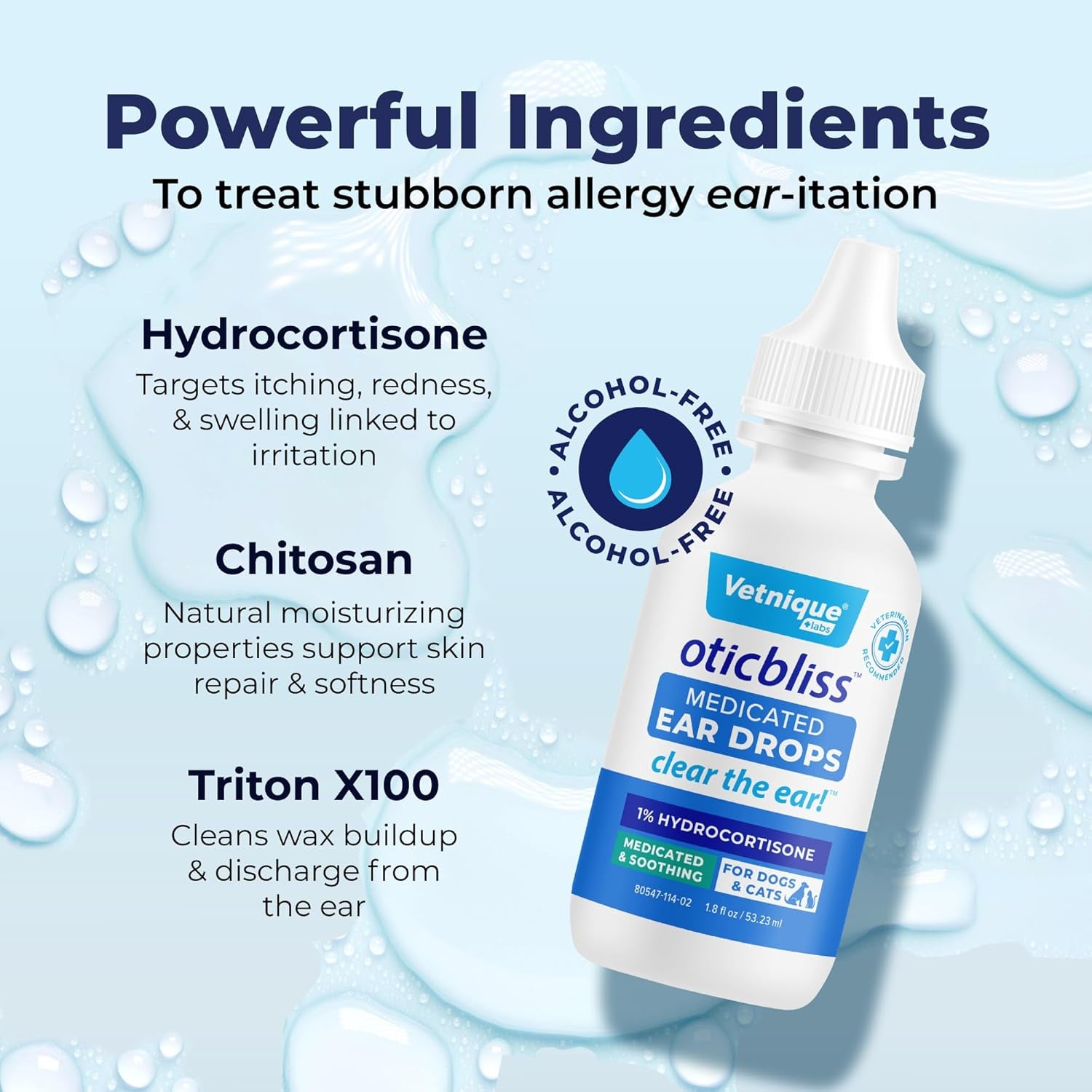 Oticbliss Medicated Cat & Dog Ear Cleaner Drops - Dog Ear Infection Treatment with 1% Hydrocortisone to Soothe Itching, Redness, & Swelling - Vet Recommended