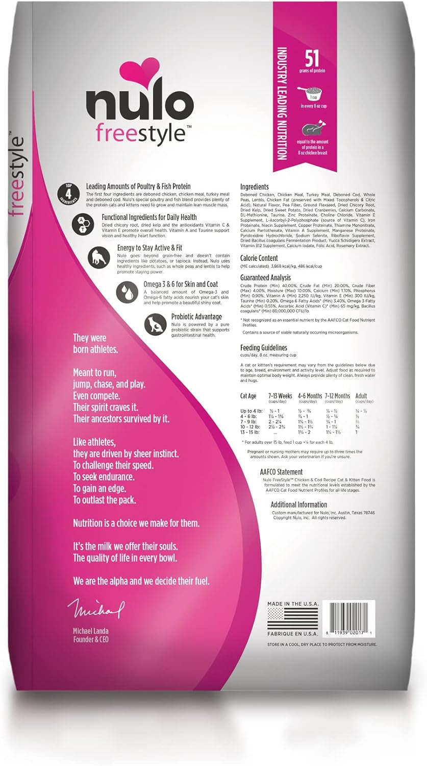 Freestyle High Protein Cat & Kitten Food, Chicken & Cod Recipe - Natural Grain-Free Dry Cat Food with Omega Fatty Acids & Probiotics, 14 Lb Bag