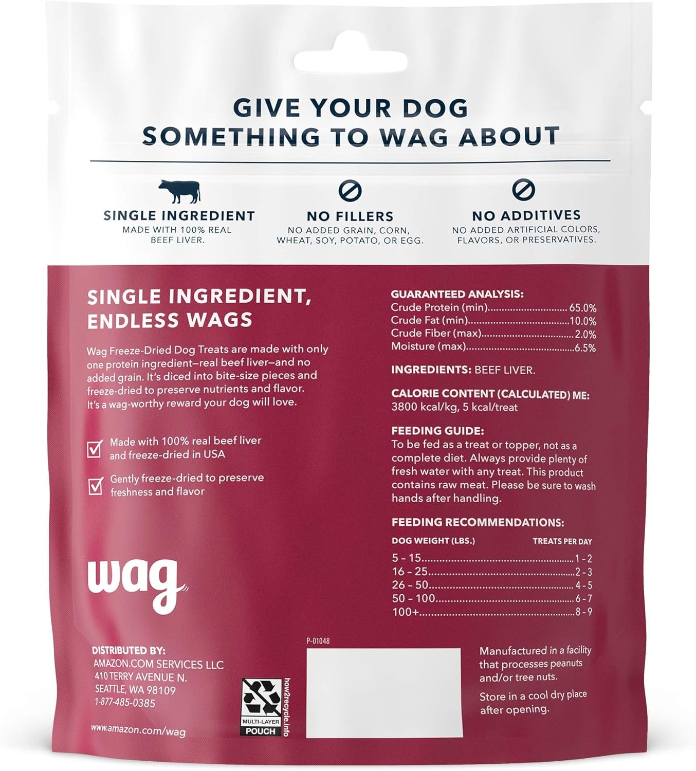 Amazon Brand -  Freeze-Dried Raw Single Ingredient Dog Treats, Beef Liver, High Protein, Health Training Treats or Meal Topper for All Dogs, Grain-Free, 3.3 Ounce (Pack of 1)