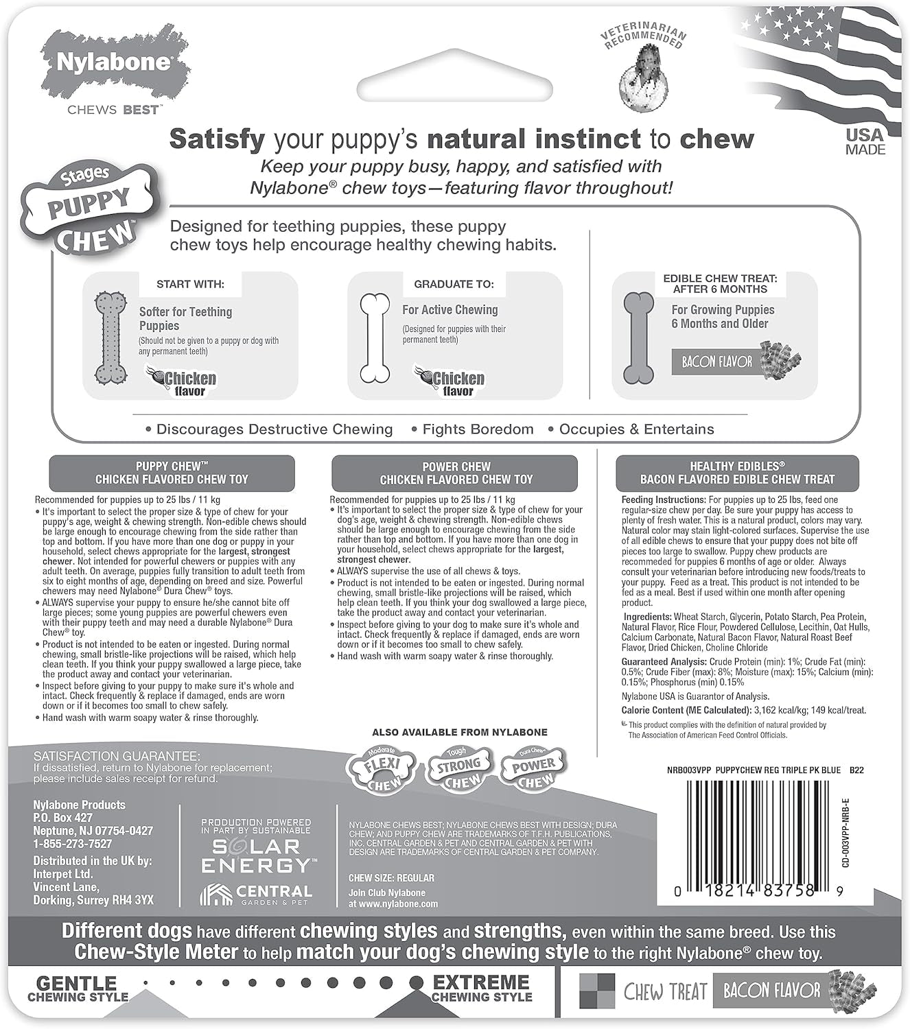 Puppy Chew Toys & Natural Treat Triple Pack, Puppy Enrichment Teething Toys, Blue, Chicken & Bacon Flavor, Small Dogs - up to 25 Ibs, 3 Pack
