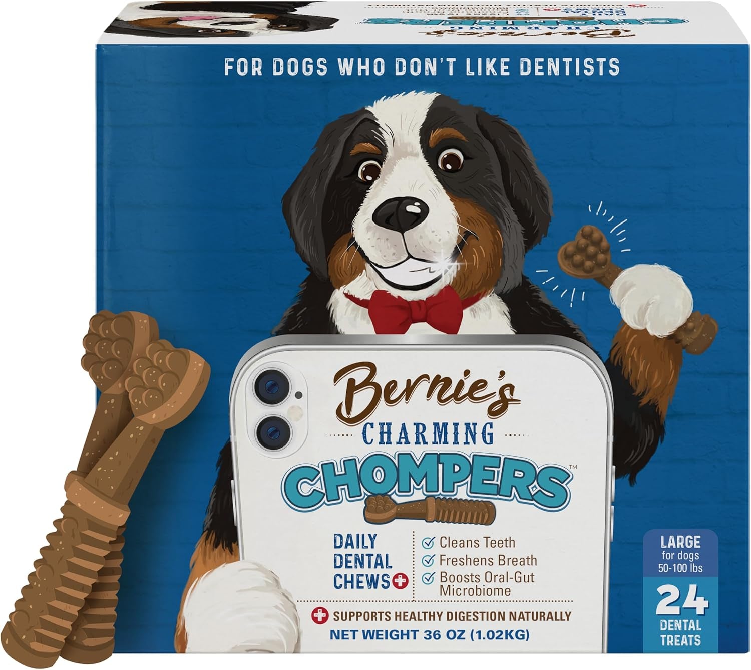 Charming Chompers - Daily Dental Chews for Dogs 50-100 Lbs. - 24 Count - Cleans Teeth, Freshens Breath, + Boosts Oral-Gut Microbiome. Easy to Digest, Supports Healthy Digestion Naturally