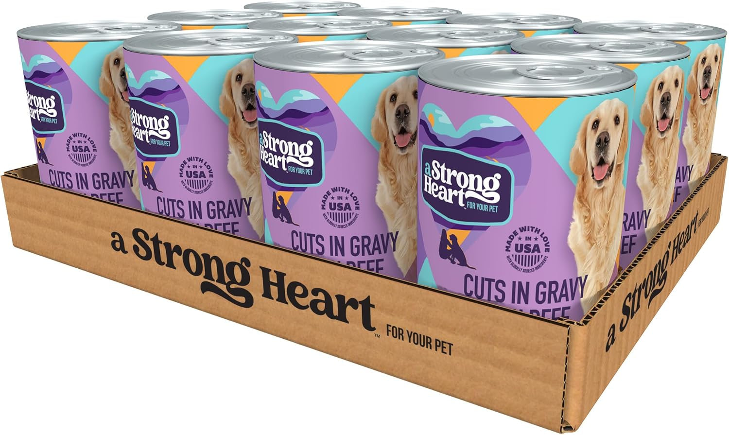 A Strong Heart Wet Dog Food, Cuts in Gravy with Beef - 13.2 Oz Cans (Pack of 12), Made in the USA with Real Beef