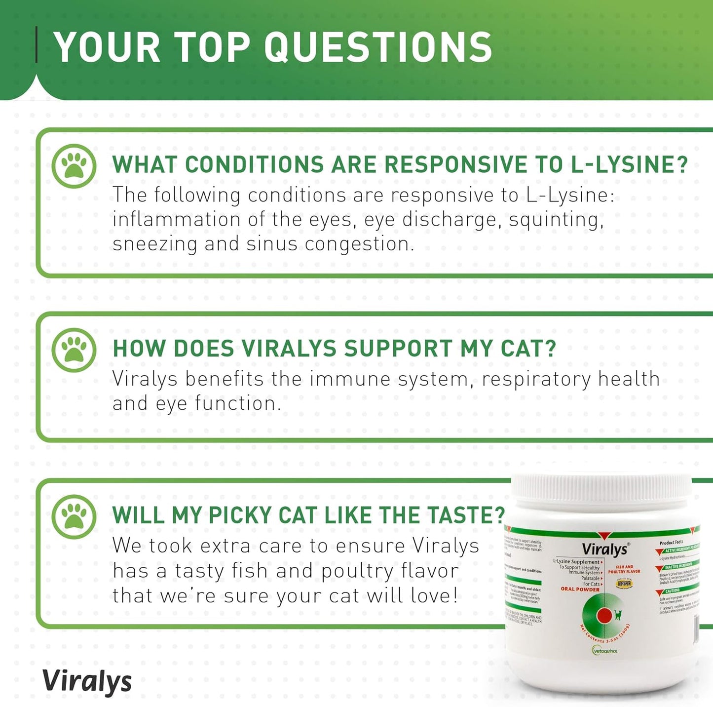 Viralys Daily L-Lysine Powder for Cats and Kittens, Fish Flavored Lysine Supplement for Cats and Kittens to Support Immune Health, Normal Eye Function and Respiratory Health, 100Gm