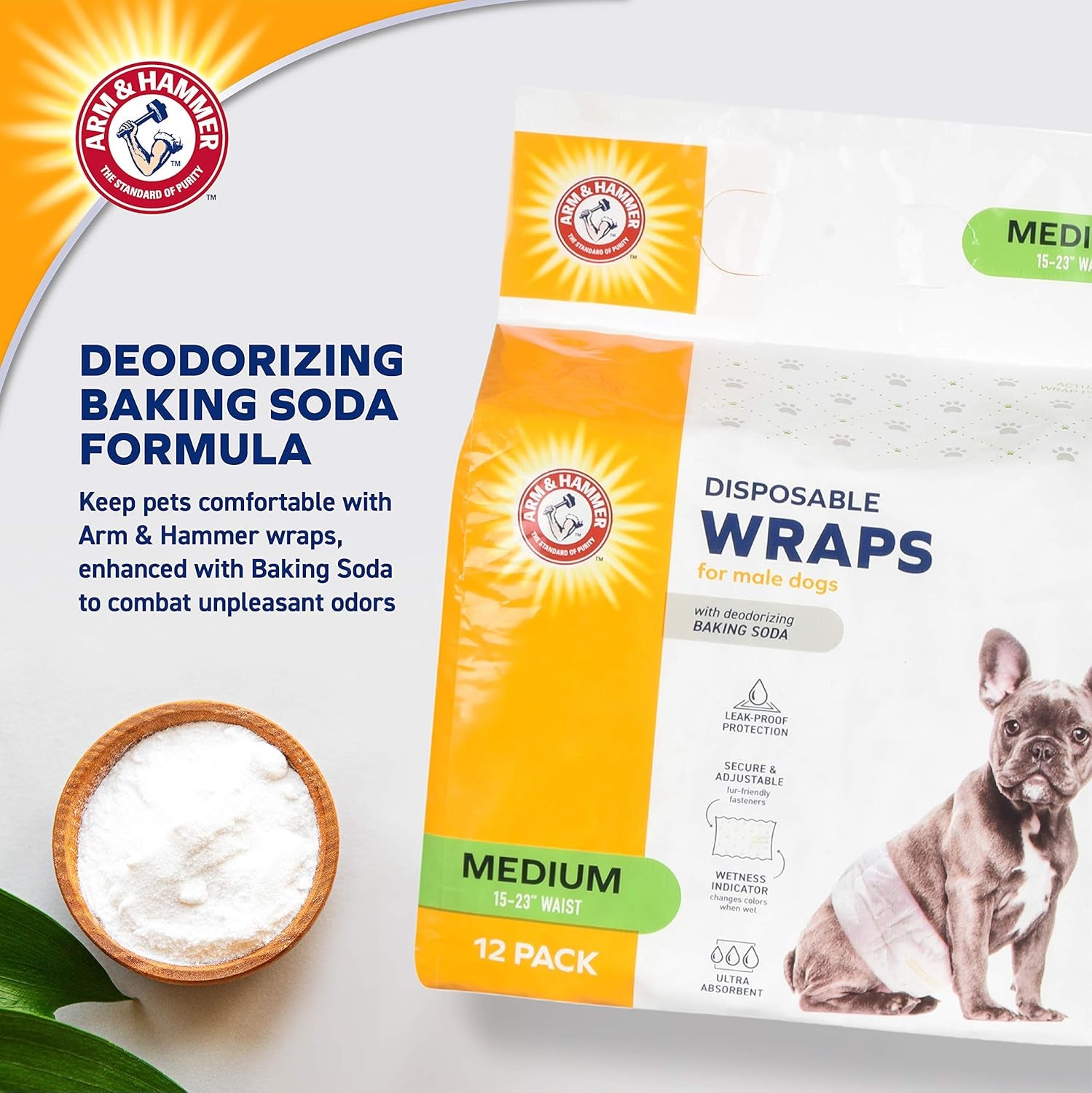 for Pets Male Dog Wraps, Medium 12 Ct | Ultra-Absorbent, Adjustable Male Dog Diapers with Leak-Proof Protection & Wetness Indicator |  Baking Soda Enhanced for Odor Control