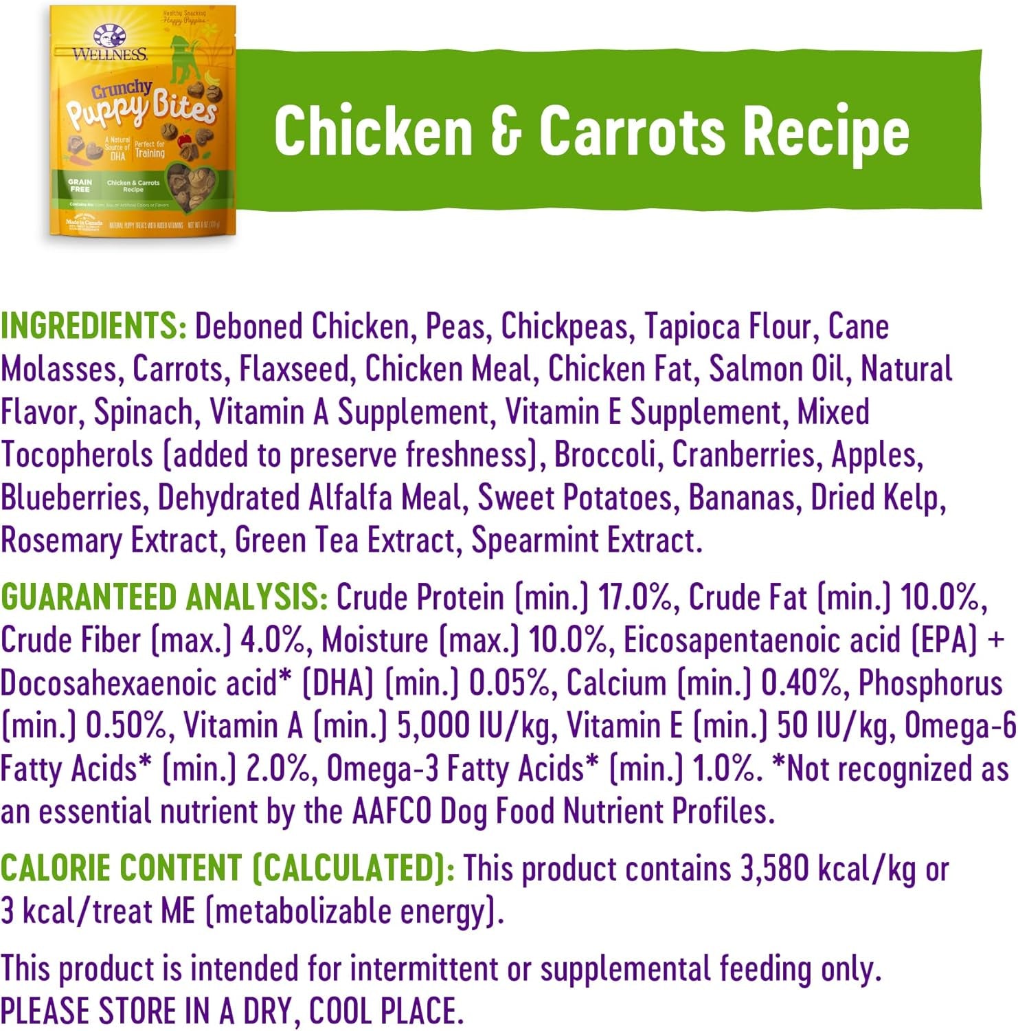 Puppy Treats, Natural, Training Treat, Grain Free, Crunchy Chicken & Carrot (6 Ounce Bag)