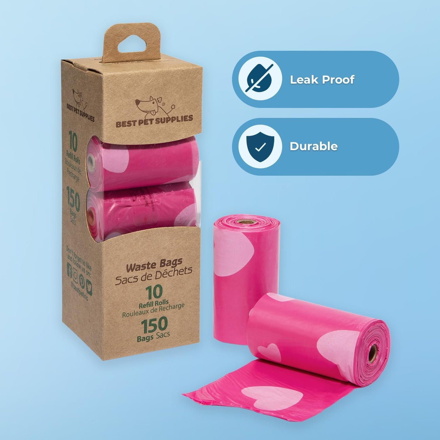 Dog Poop Bags (150 Bags) for Waste Refuse Cleanup, Doggy Roll Replacements for Outdoor Puppy Walking and Travel, Leak Proof and Tear Resistant, Thick Plastic - Pink Heart